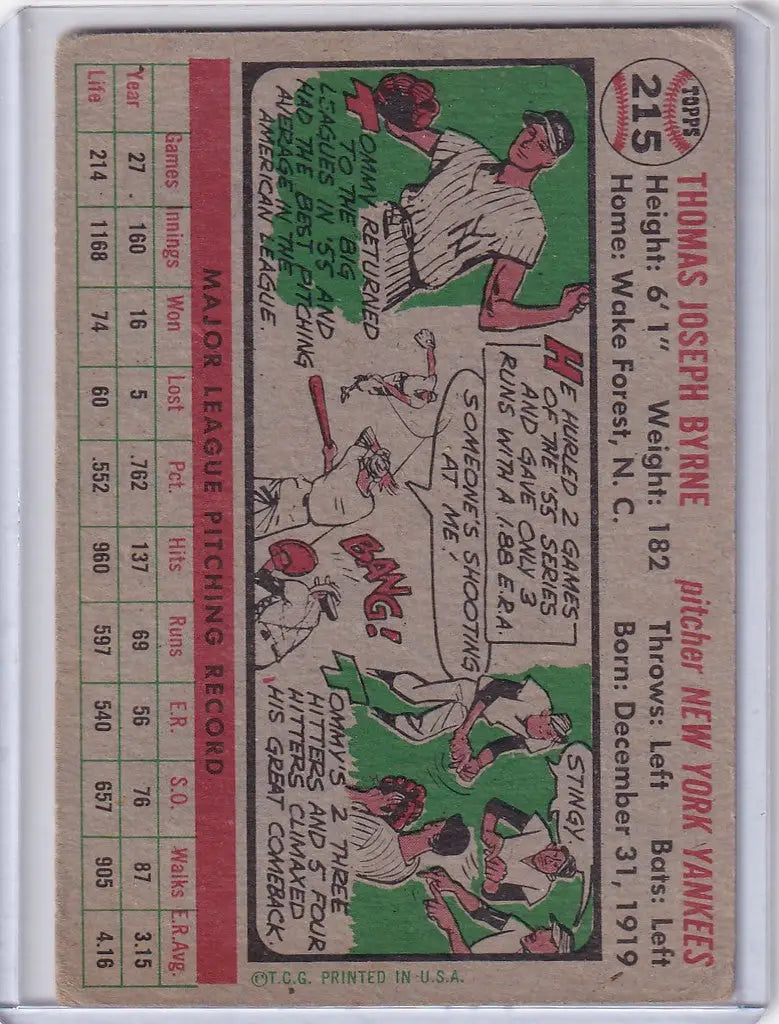 Vintage 1956 Topps #215 Tommy Byrne New York Yankees trading card with cartoon illustrations