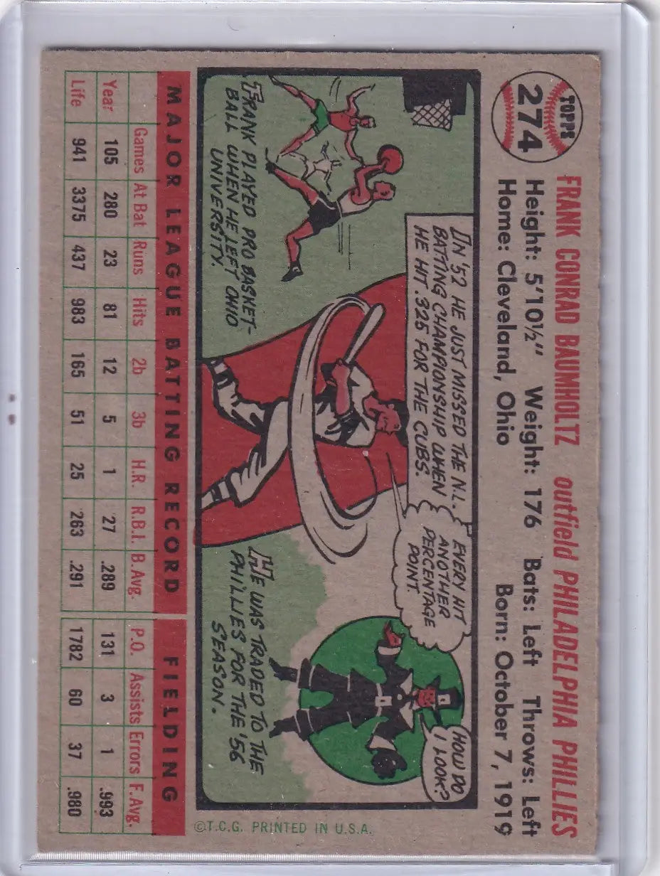 Vintage 1956 Topps Frank Baumholtz Philadelphia Phillies baseball card with stats and cartoon art
