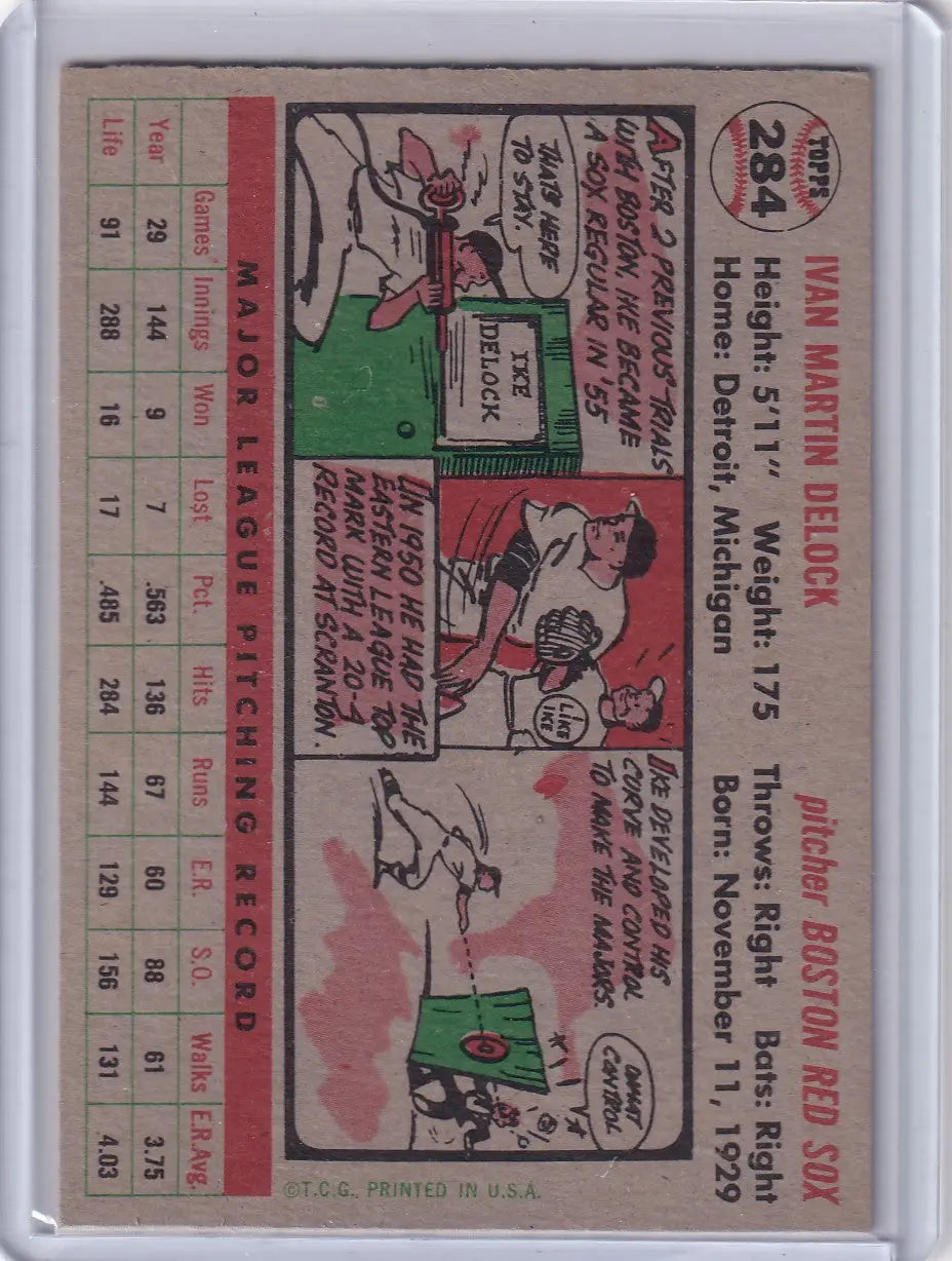 Vintage 1956 Topps Ike Delock Boston Red Sox baseball card with pitching record