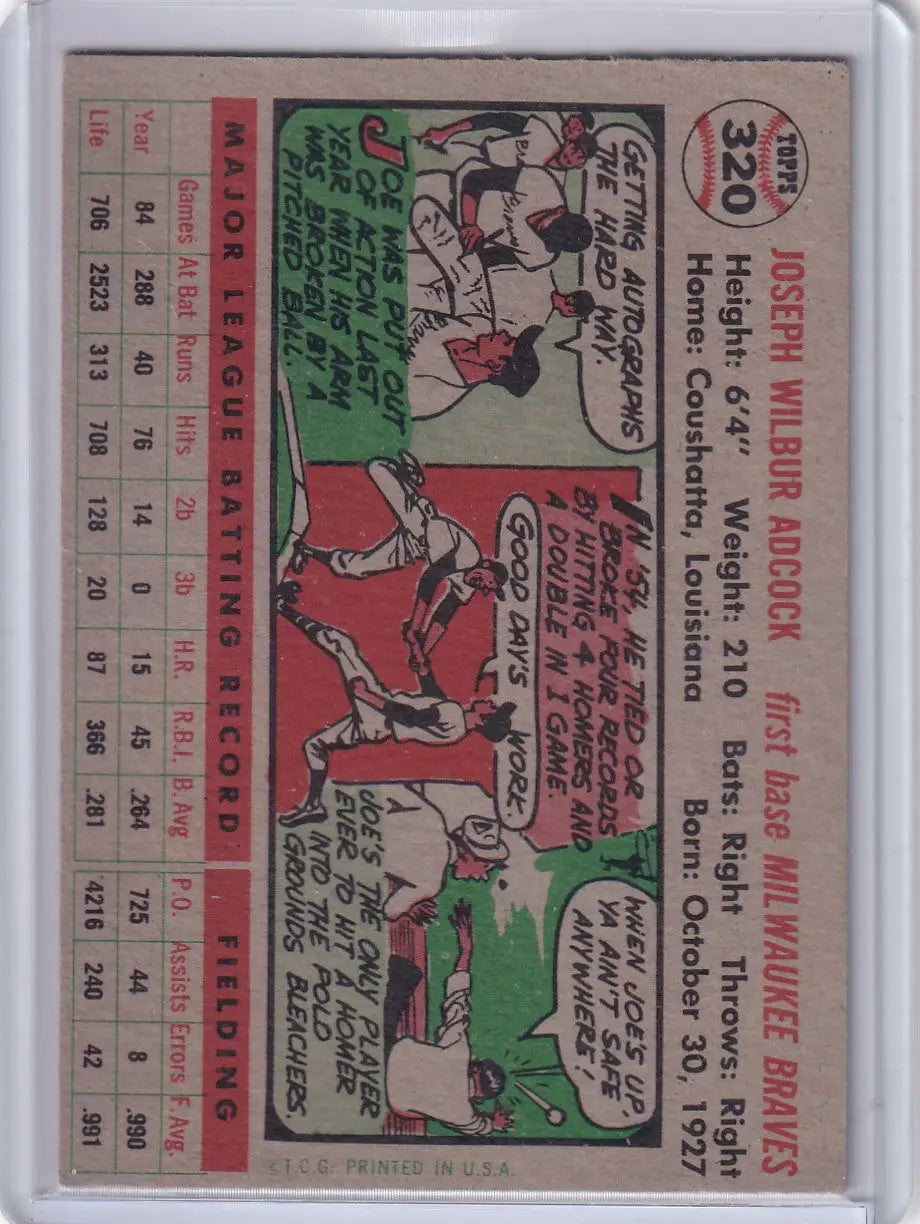 Vintage baseball card of Joe Adcock from Milwaukee Braves 1956 Topps #320