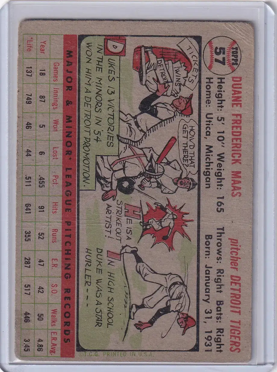 1956 Topps #57 Duke Maas - Detroit Tigers RC - Baseball Card Single