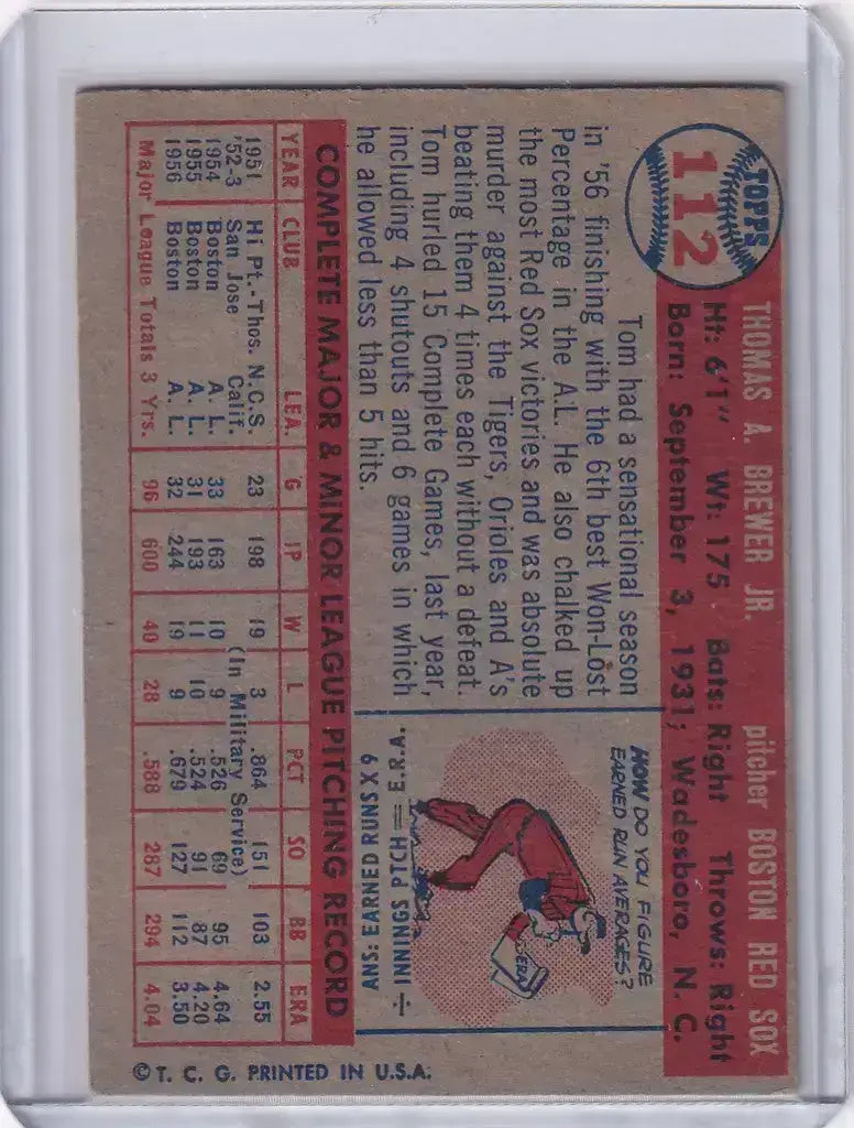 1957 Topps Baseball #112 Tom Brewer - Boston Red Sox - Baseball Card Single