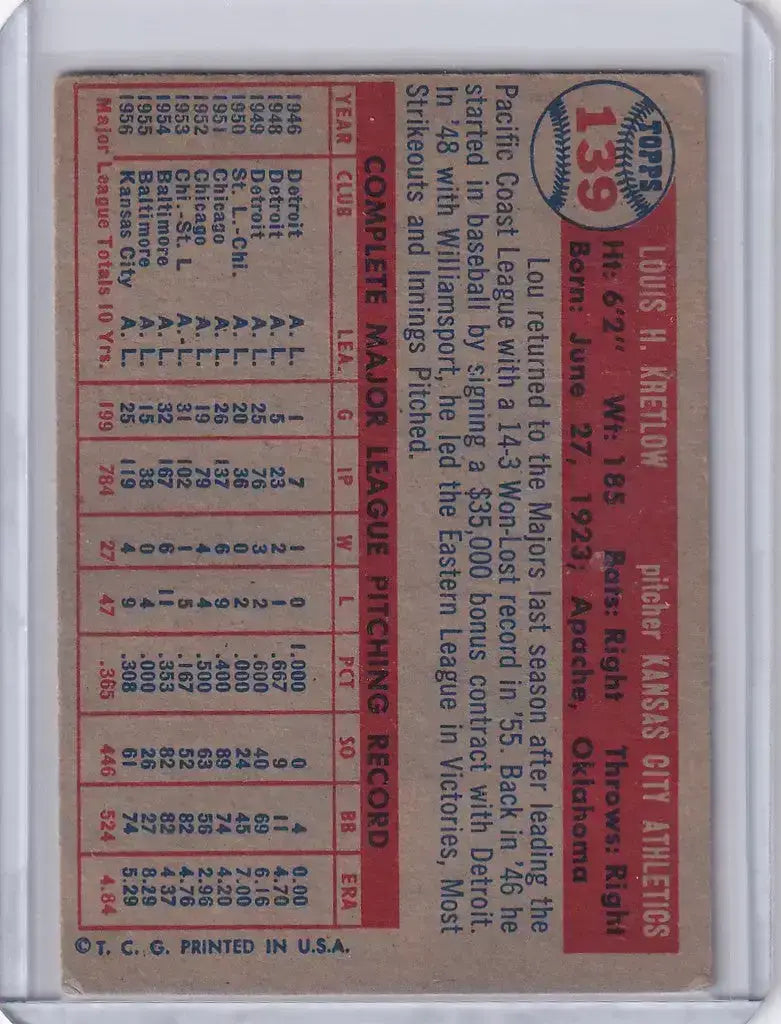 1957 Topps Baseball #139 Lou Kretlow - Kansas City Athletics - Baseball Card Single