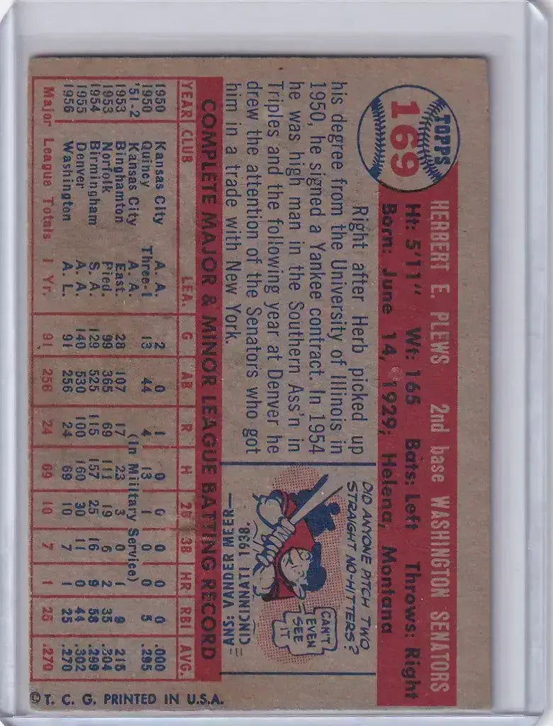 1957 Topps Baseball #169 Herb Plews - Washington Senators RC - Baseball Card Single