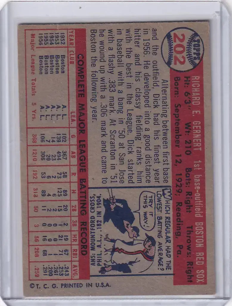 1957 Topps Baseball #202 Dick Gernert - Boston Red Sox - Baseball Card Single