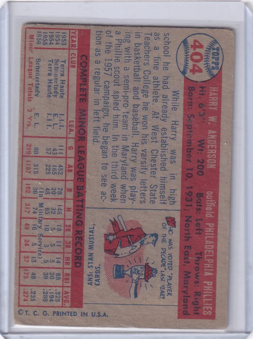 1957 Topps Baseball #404 Harry Anderson - Philadelphia Phillies RC - Baseball Card Single