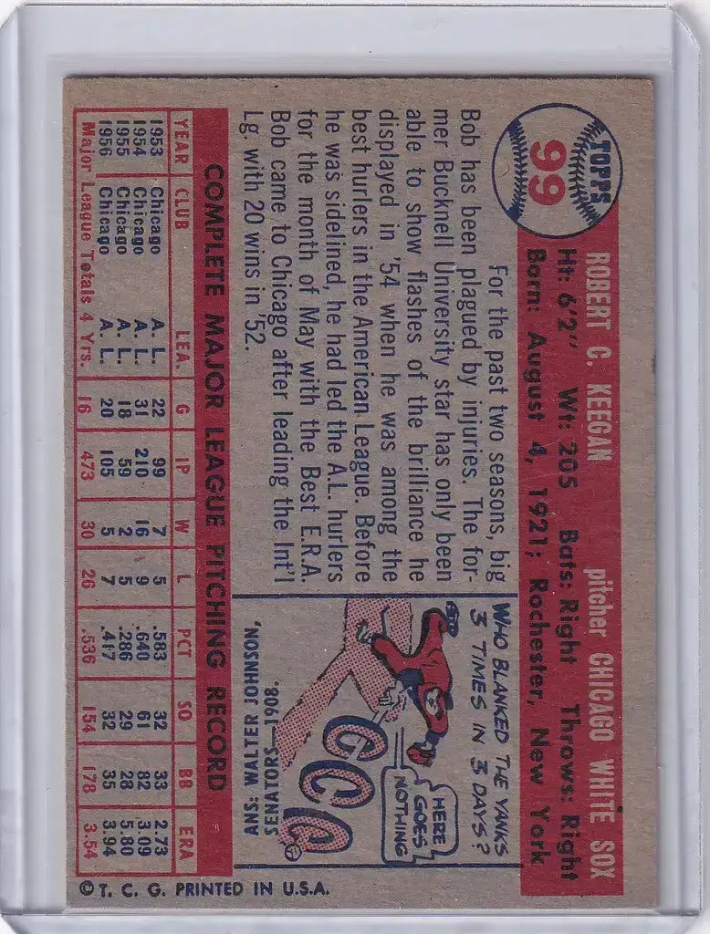 1957 Topps Baseball #99 Bob Keegan - Chicago White Sox - Baseball Card Single