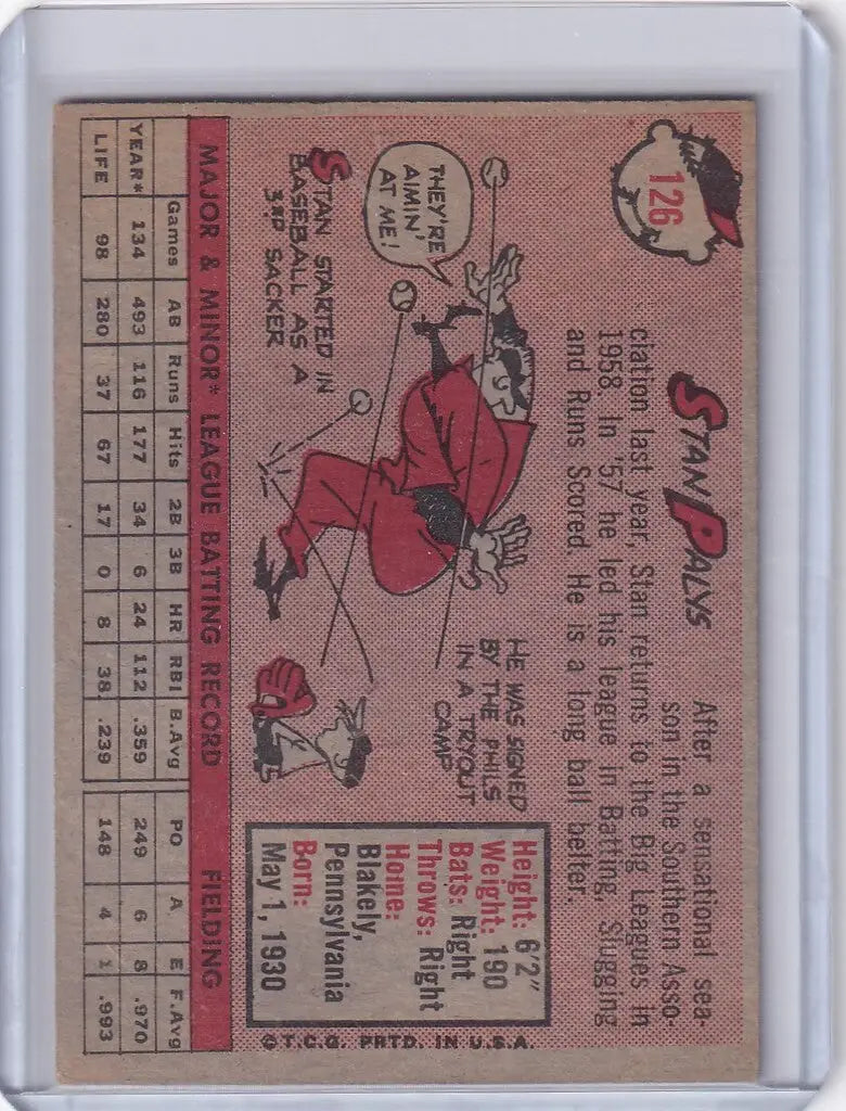 Vintage baseball card of Stan Palys, Cincinnati Reds RC with cartoon reindeer design