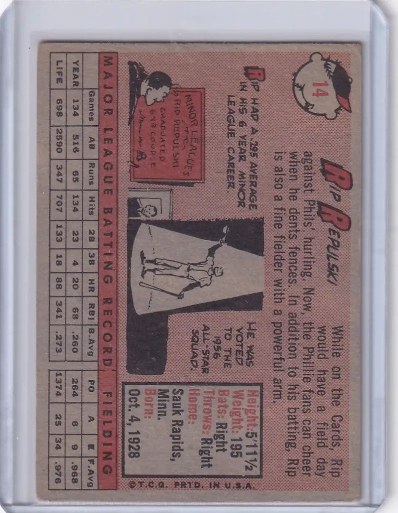 Vintage baseball card of Rip Repulski showcasing stats and action photo for Philadelphia Phillies