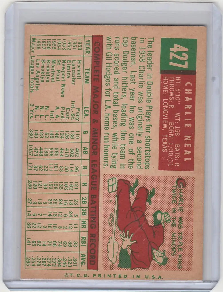 Vintage 1959 Topps #427 Charlie Neal Los Angeles Dodgers card with player stats and illustration
