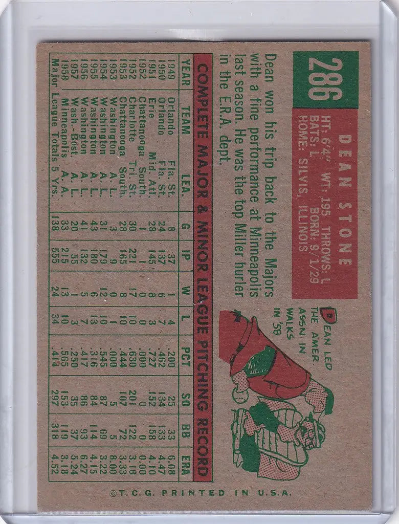 1959 Topps Baseball #286 Dean Stone - Boston Red Sox - Baseball Card Single