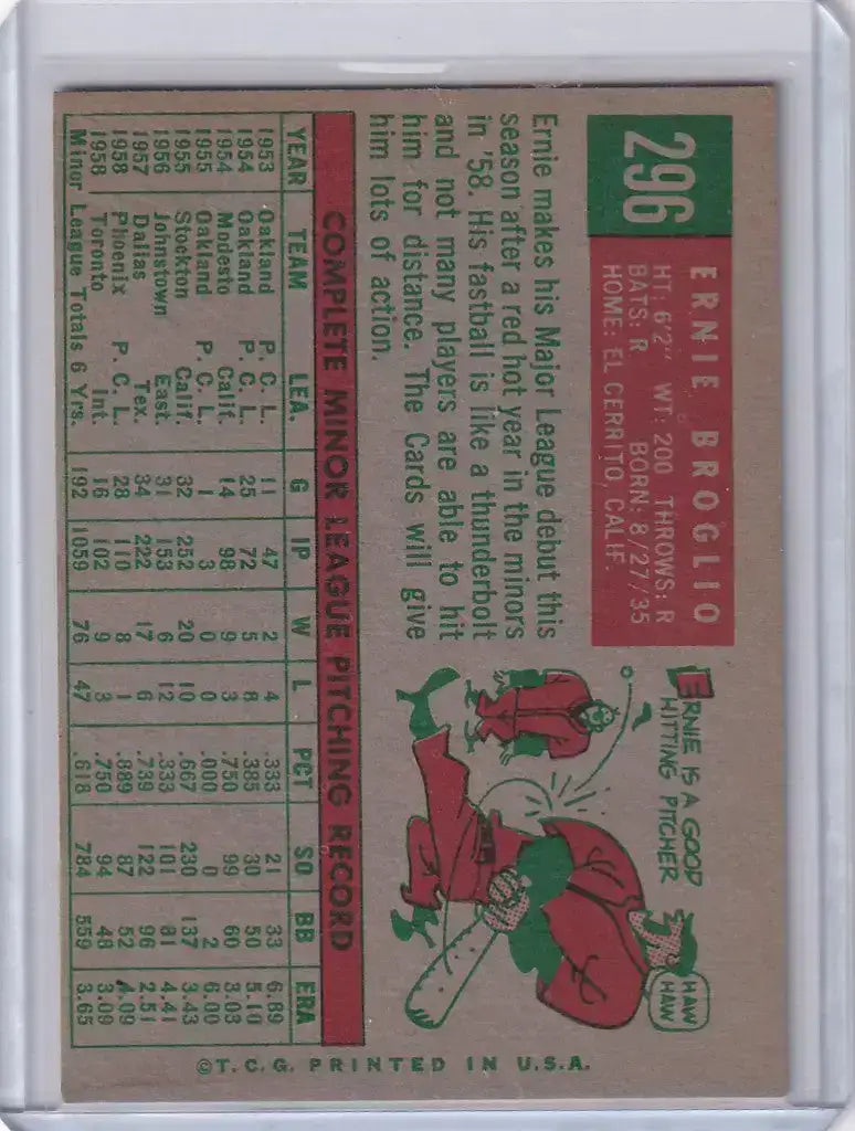 1959 Topps Baseball #296 Ernie Broglio - St. Louis Cardinals RC - Baseball Card Single