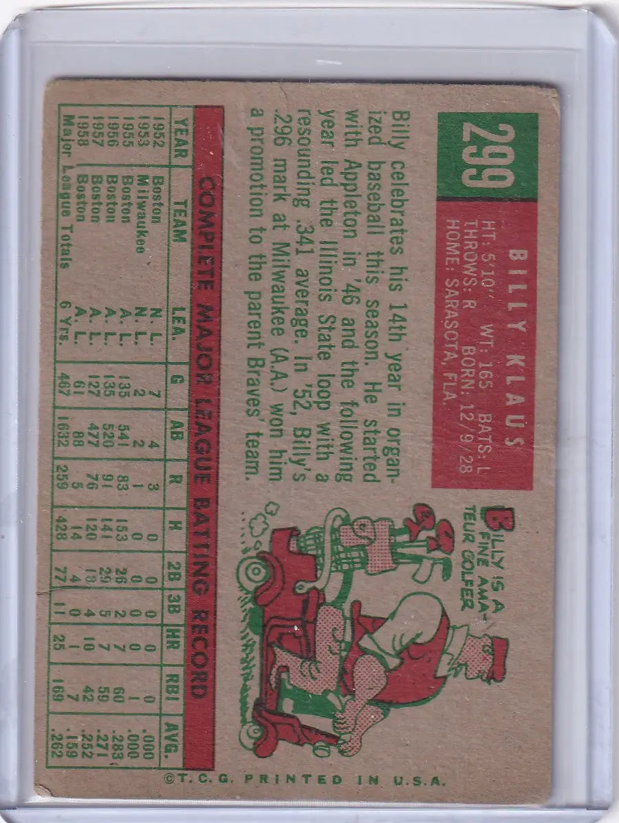 Vintage 1959 Topps Baseball #299 Billy Klaus card featuring Baltimore Orioles player