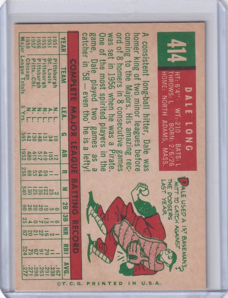 Vintage 1959 Topps Baseball card of Dale Long sliding for Chicago Cubs statistics