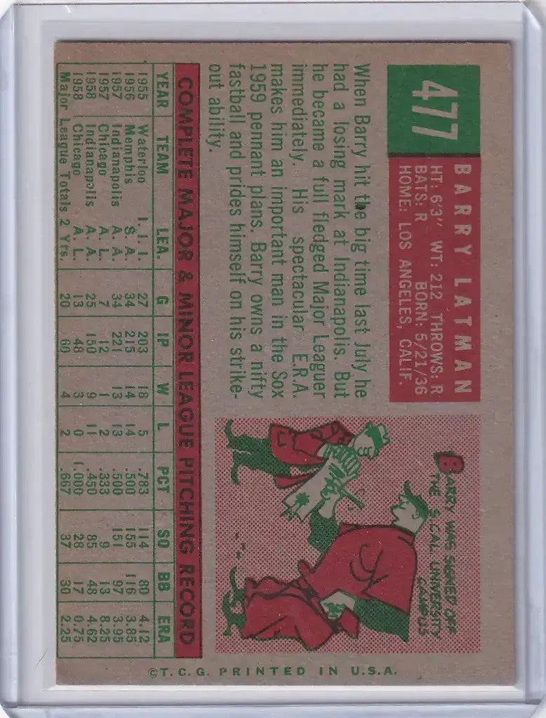 1959 Topps Baseball #477 Barry Latman - Chicago White Sox RC - Baseball Card Single