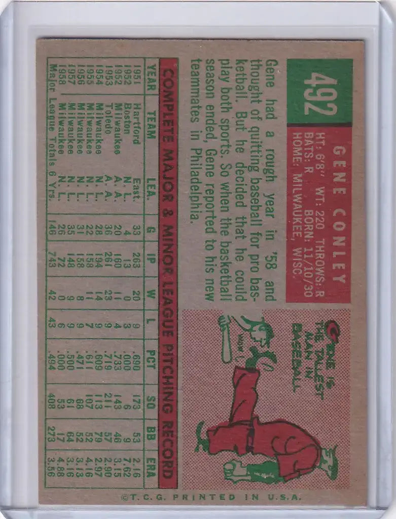 1959 Topps Baseball #492 Gene Conley - Philadelphia Phillies - Baseball Card Single
