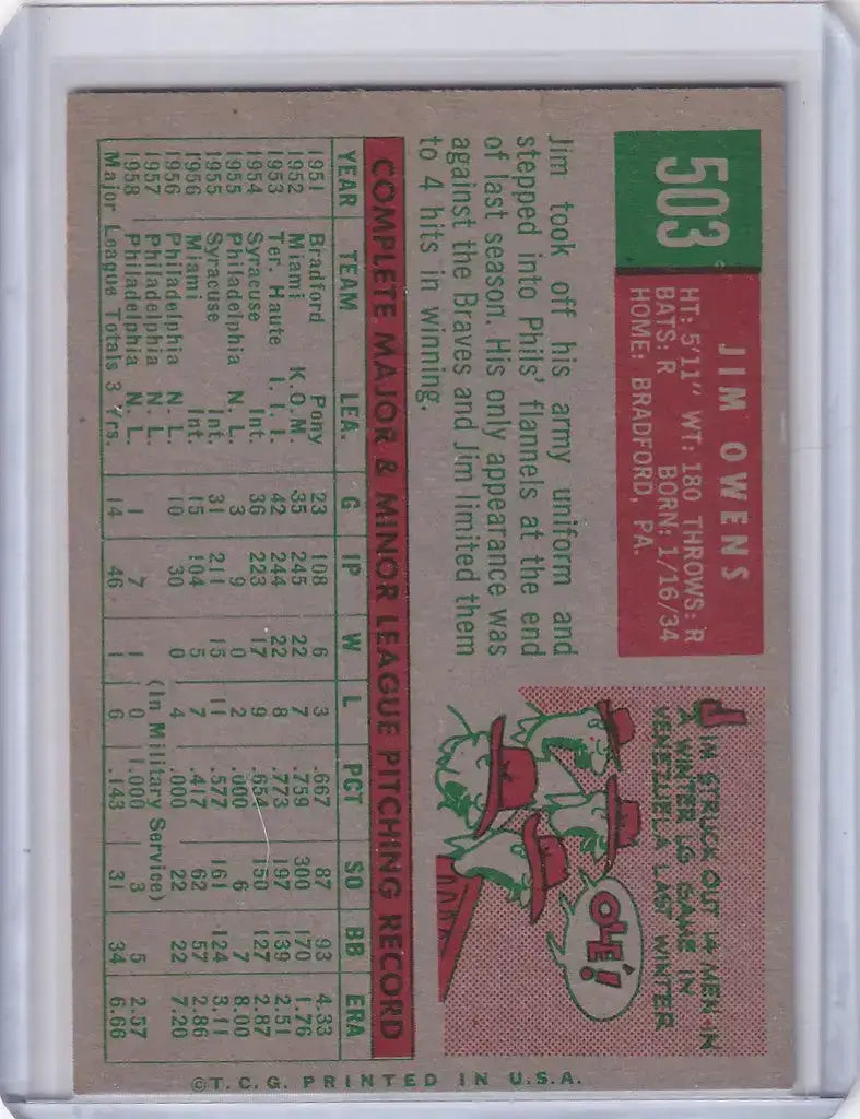 1959 Topps Baseball #503 Jim Owens - Philadelphia Phillies - Baseball Card Single