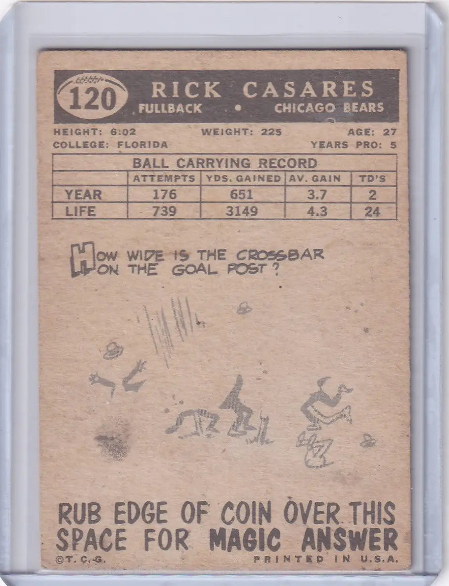 Vintage 1959 Topps Football card #120 Rick Casares featuring a Chicago Bears scratch-off game