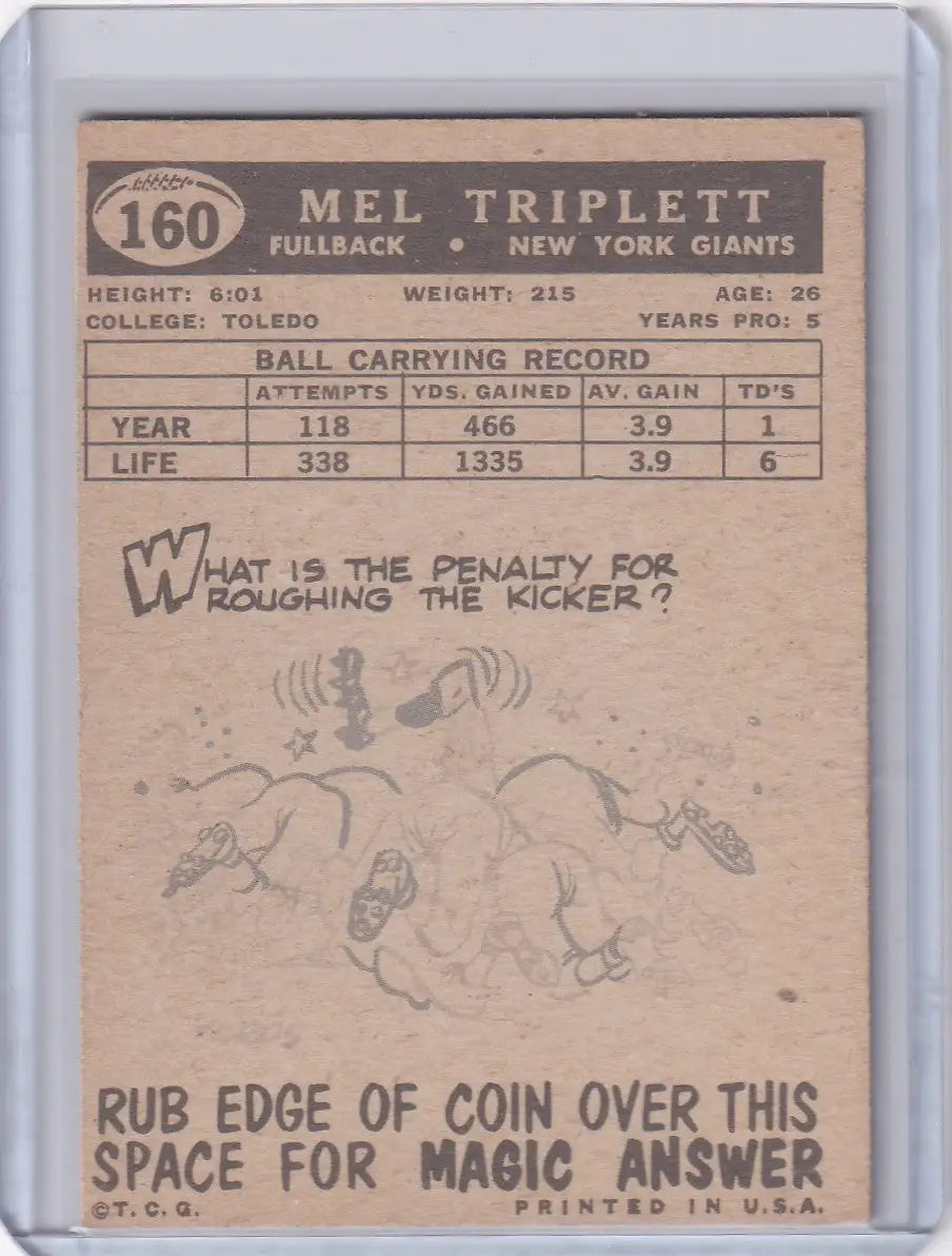 Vintage Topps Football card featuring Mel Triplett with a rub to reveal puzzle on back