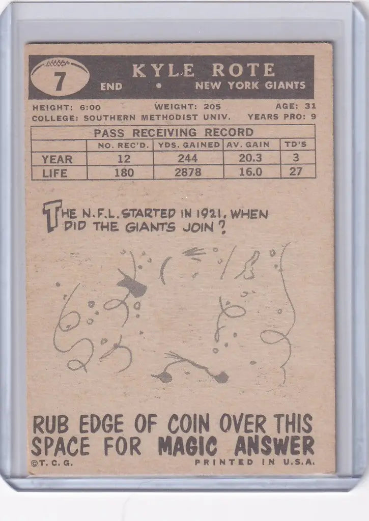 Vintage 1959 Topps Football card of Kyle Rote, New York Giants player