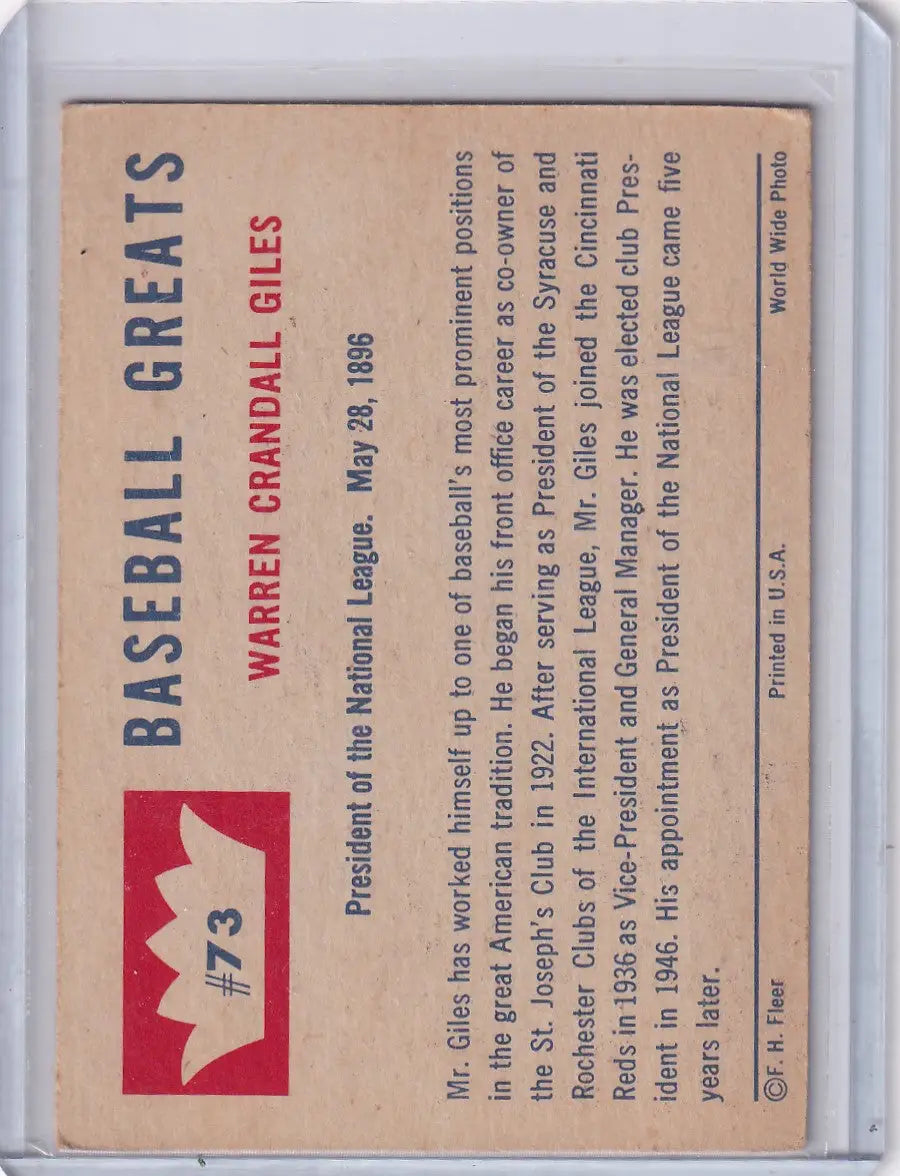 Vintage Fleer Baseball trading card featuring Warren Giles from 1960 Fleer Baseball #73