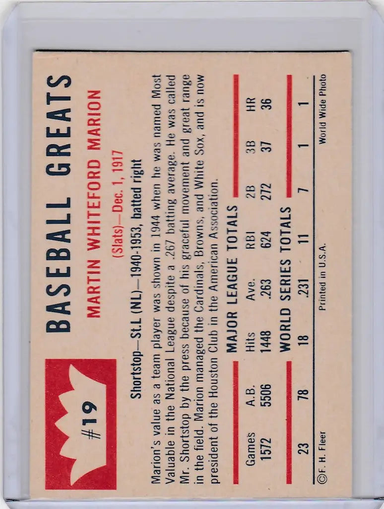 Vintage Fleer Baseball Greats card of Marty Marion from the Chicago White Sox