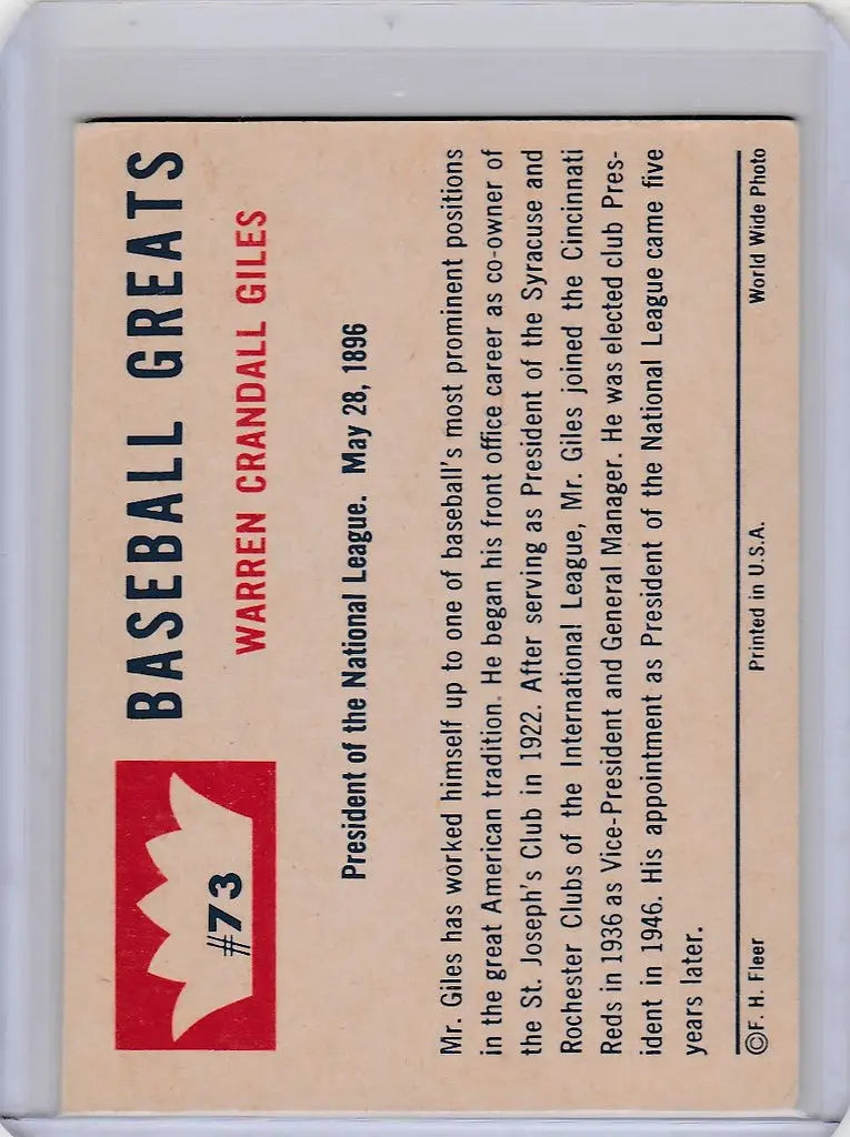 Baseball card of Warren Giles, President of the National League from Fleer Baseball Greats