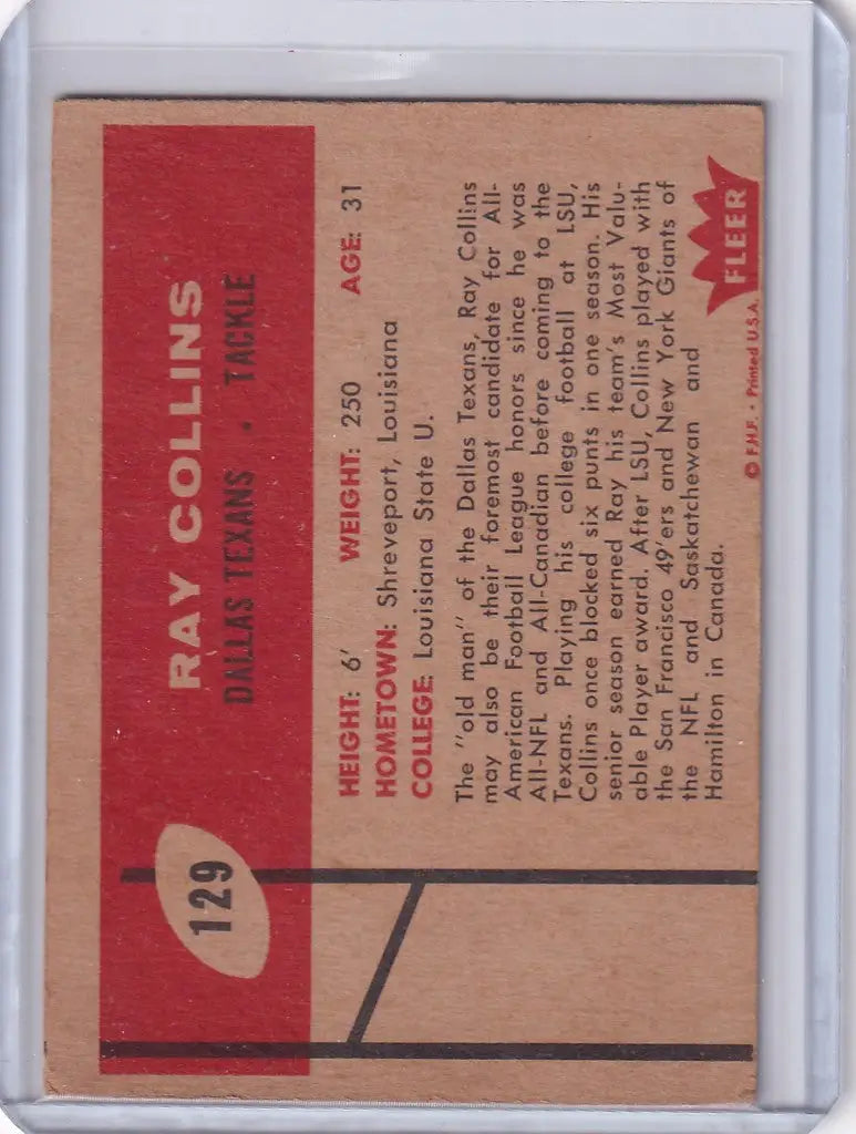 Vintage 1960 Fleer Football #129 Ray Collins card featuring Dallas Texans stats