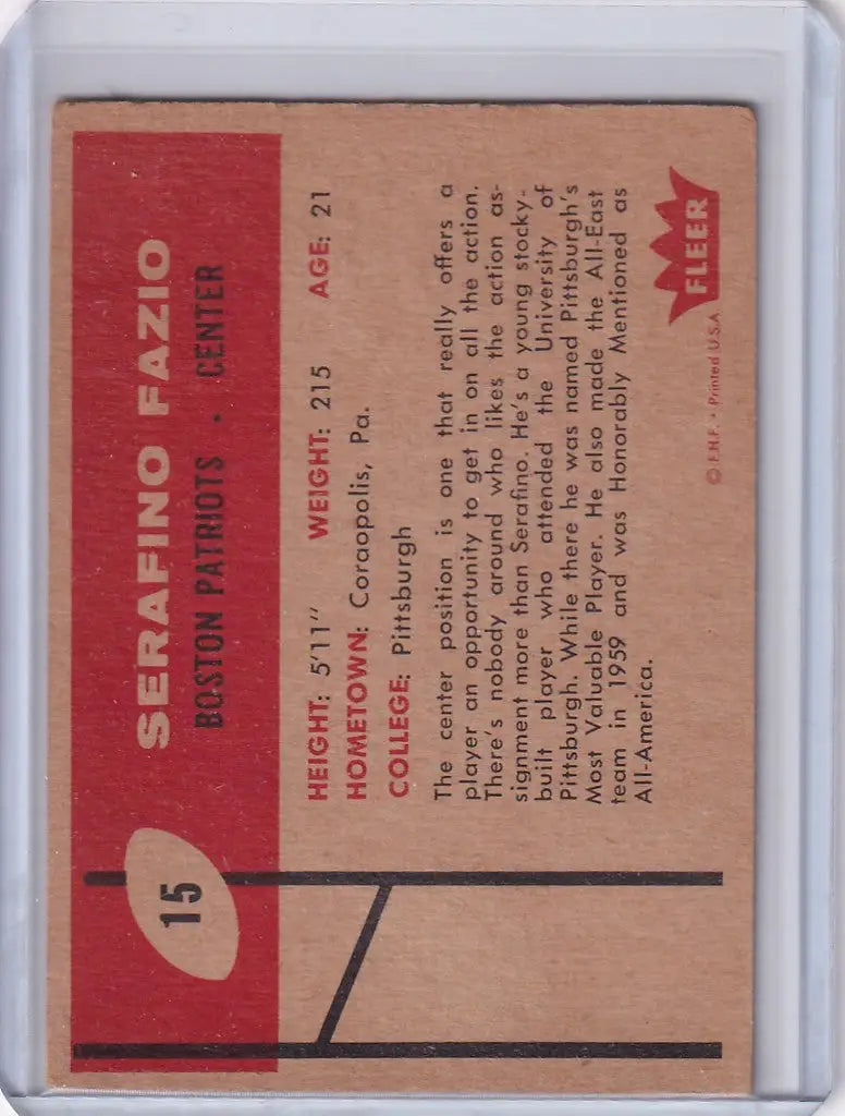 Vintage Fleer Football card of Serafino Fazio with Boston Patriots stats on red background