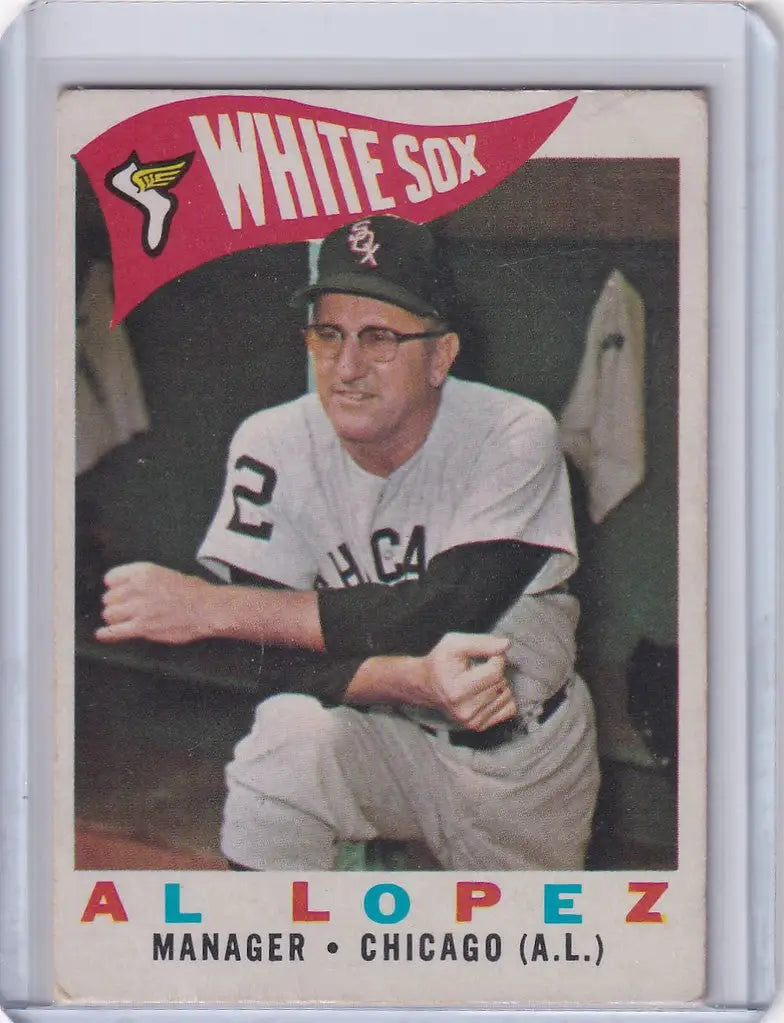 Baseball card of Al Lopez, Chicago White Sox manager in team uniform, 1960 Topps #222
