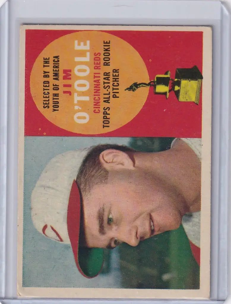 Vintage baseball card of Jim O’Toole, Cincinnati Reds player in red cap