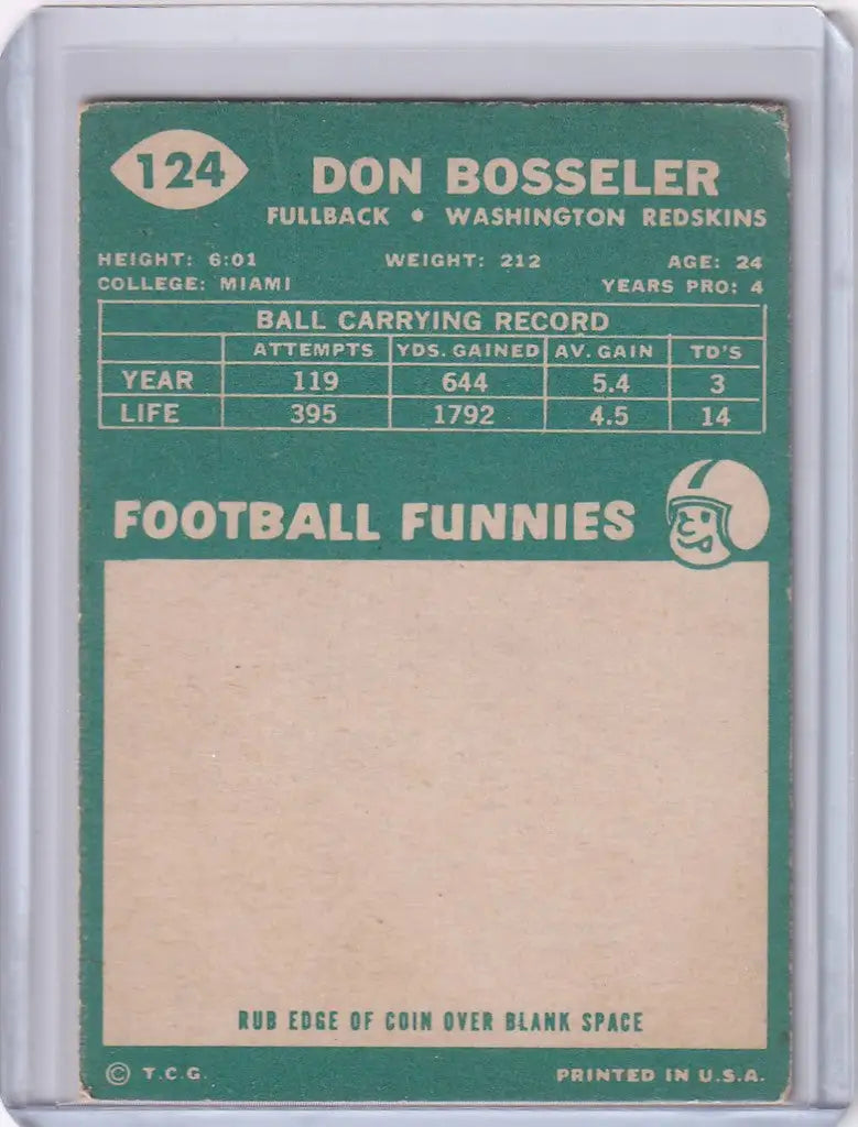 Vintage Topps Football card of Don Bosseler from the Washington Redskins
