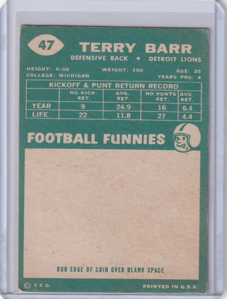 1960 Topps Football # 47 Terry Barr - Detroit Lions - Football Card Single