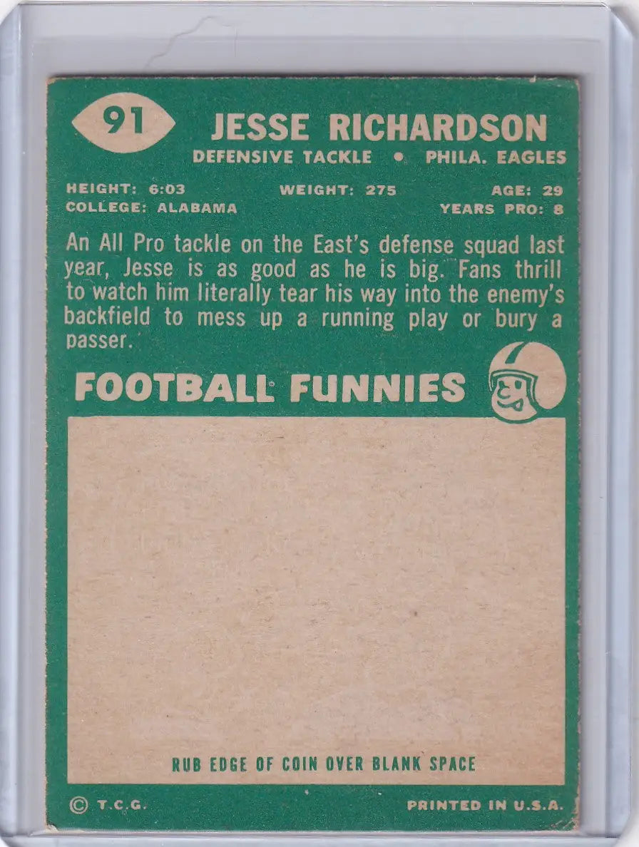 1960 Topps Football # 91 Jesse Richardson - Philadelphia Eagles - Football Card Single