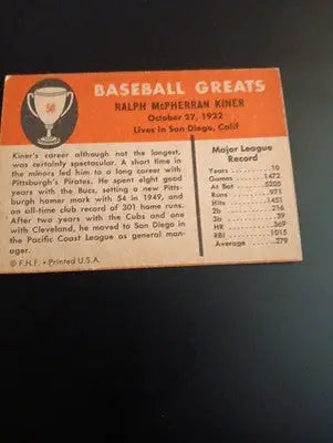 1961 Fleer Baseball Greats - Ralph Kiner #50. EX - EX+ - Baseball Card Single