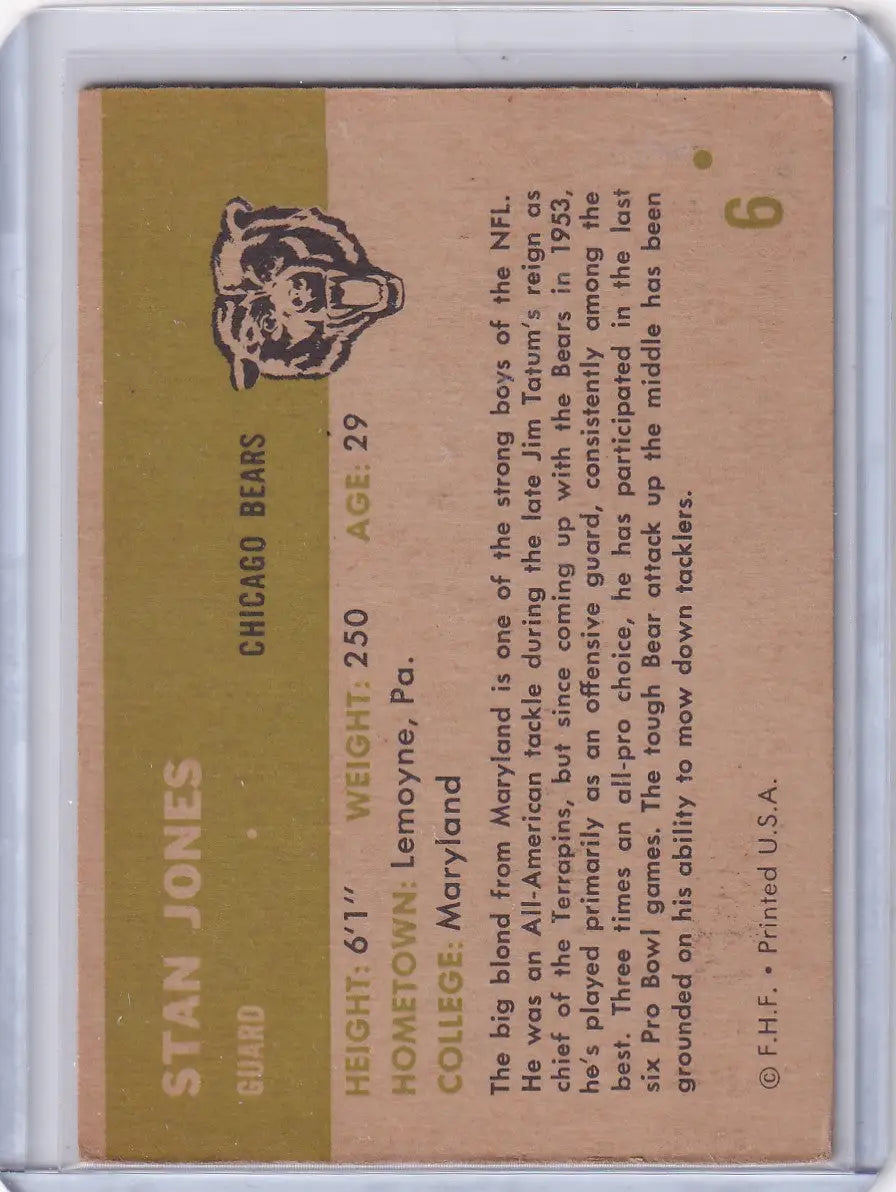 Vintage Fleer Football card of Stan Jones featuring Chicago Bears logo in brown and gold