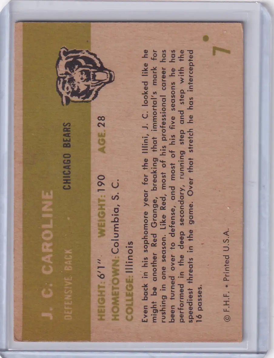 Vintage Fleer Football trading card featuring J.C. Caroline - Chicago Bears design
