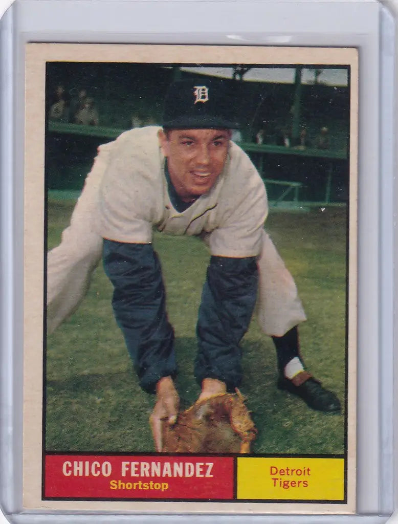 Chico Fernandez - Detroit Tigers baseball card in fielding pose from 1961 Topps