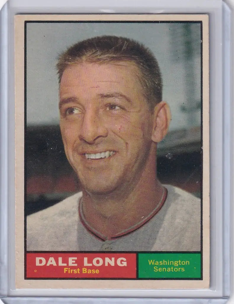 Baseball card of Dale Long in white uniform for Washington Senators 1961 Topps #117
