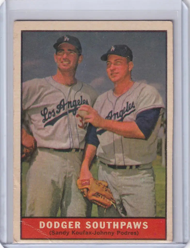 Vintage baseball card of Dodger Southpaws Sandy Koufax and Johnny Podres in uniform