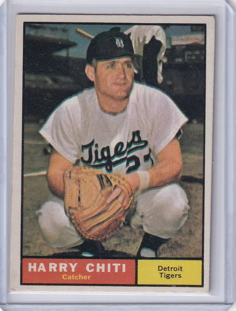 Vintage baseball card of Harry Chiti, catcher for the Detroit Tigers in uniform