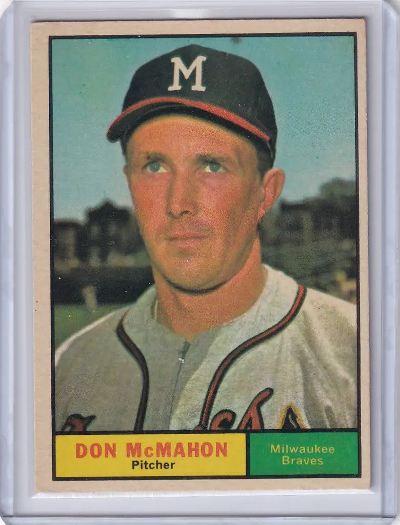 Baseball card of Don McMahon, pitcher for the Milwaukee Braves, in cap with M