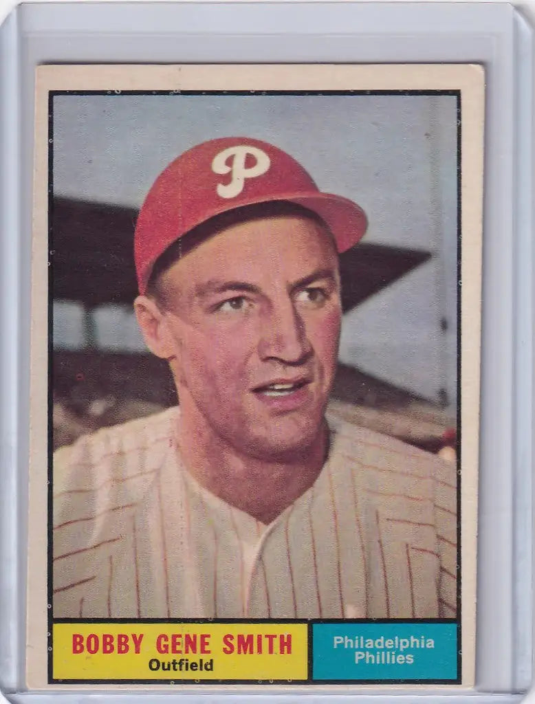 Baseball card of Bobby Gene Smith, Philadelphia Phillies, wearing red cap with P logo