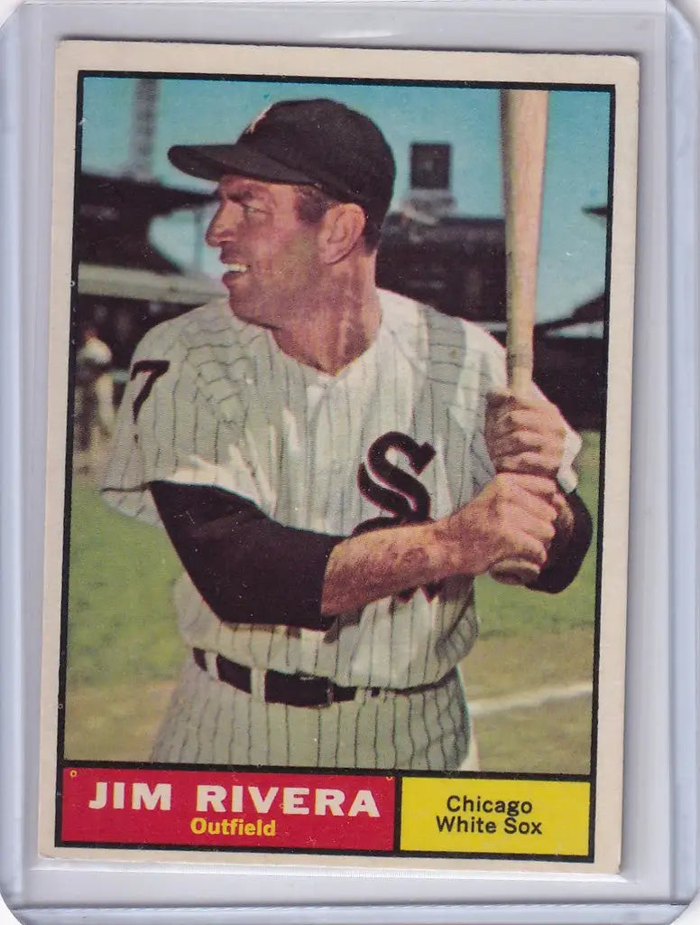 Vintage baseball card of Jim Rivera, Chicago White Sox player in pinstriped uniform