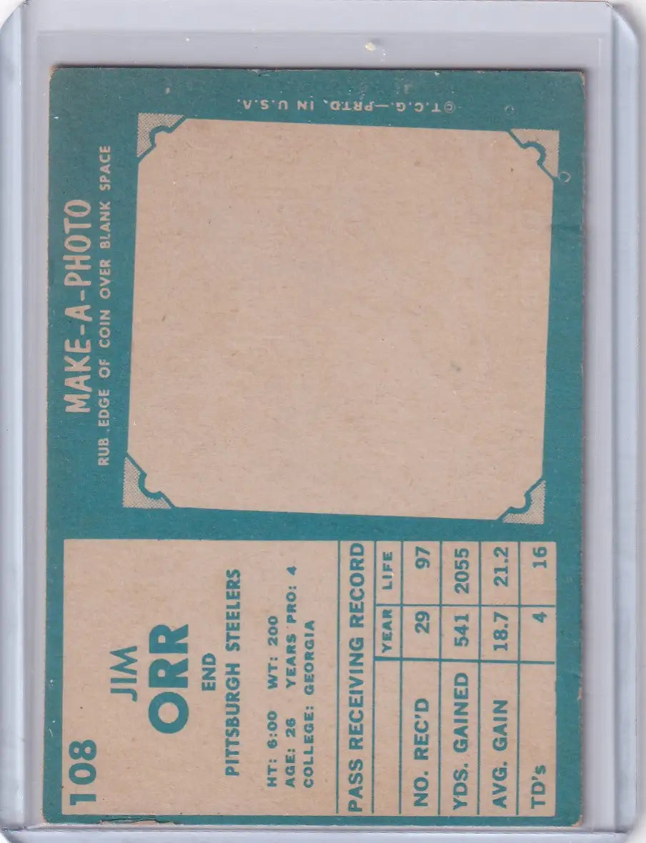 Vintage Topps Football card featuring Jimmy Orr of the Pittsburgh Steelers with teal border