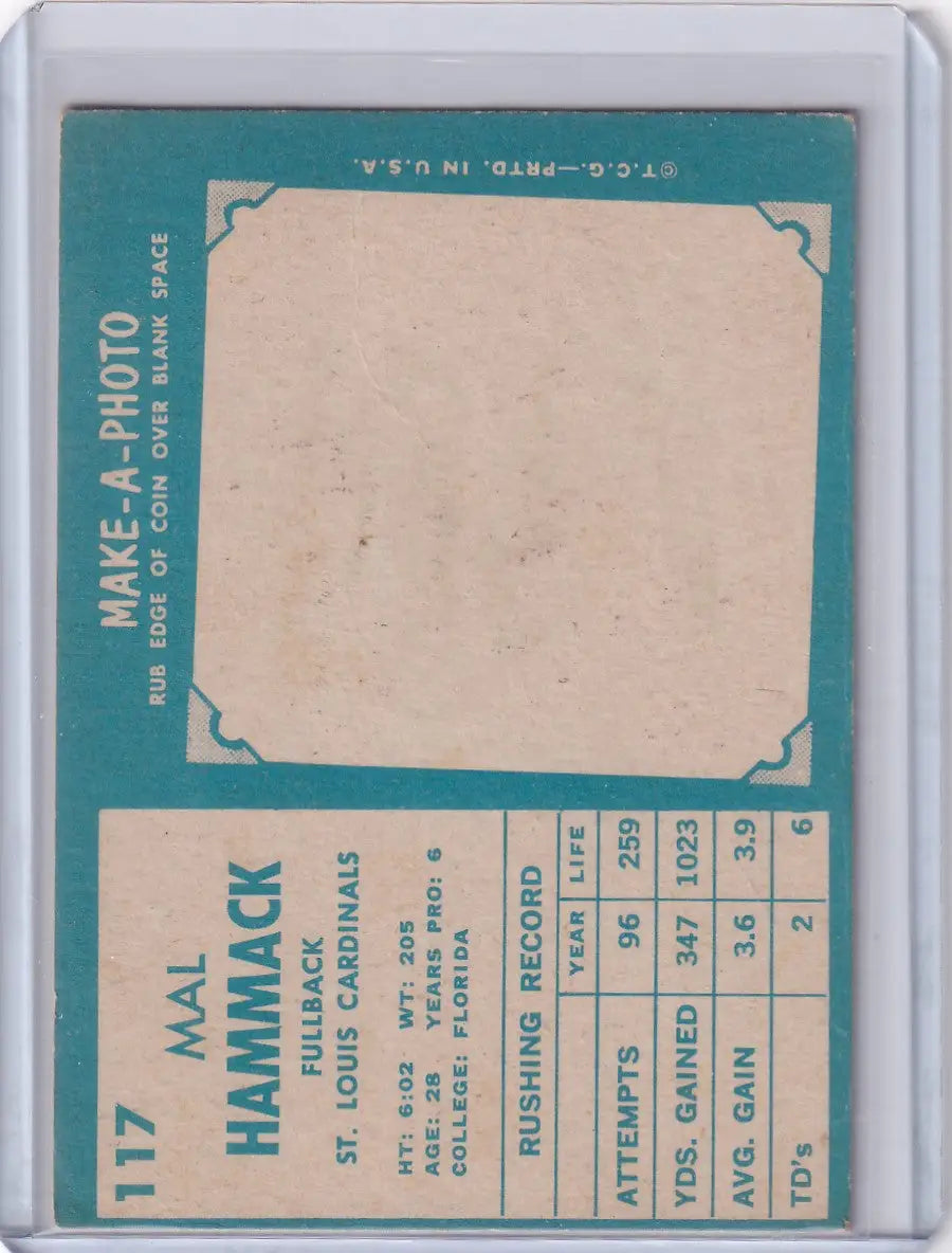 Vintage Topps Football card featuring Mal Hammack of the St. Louis Cardinals