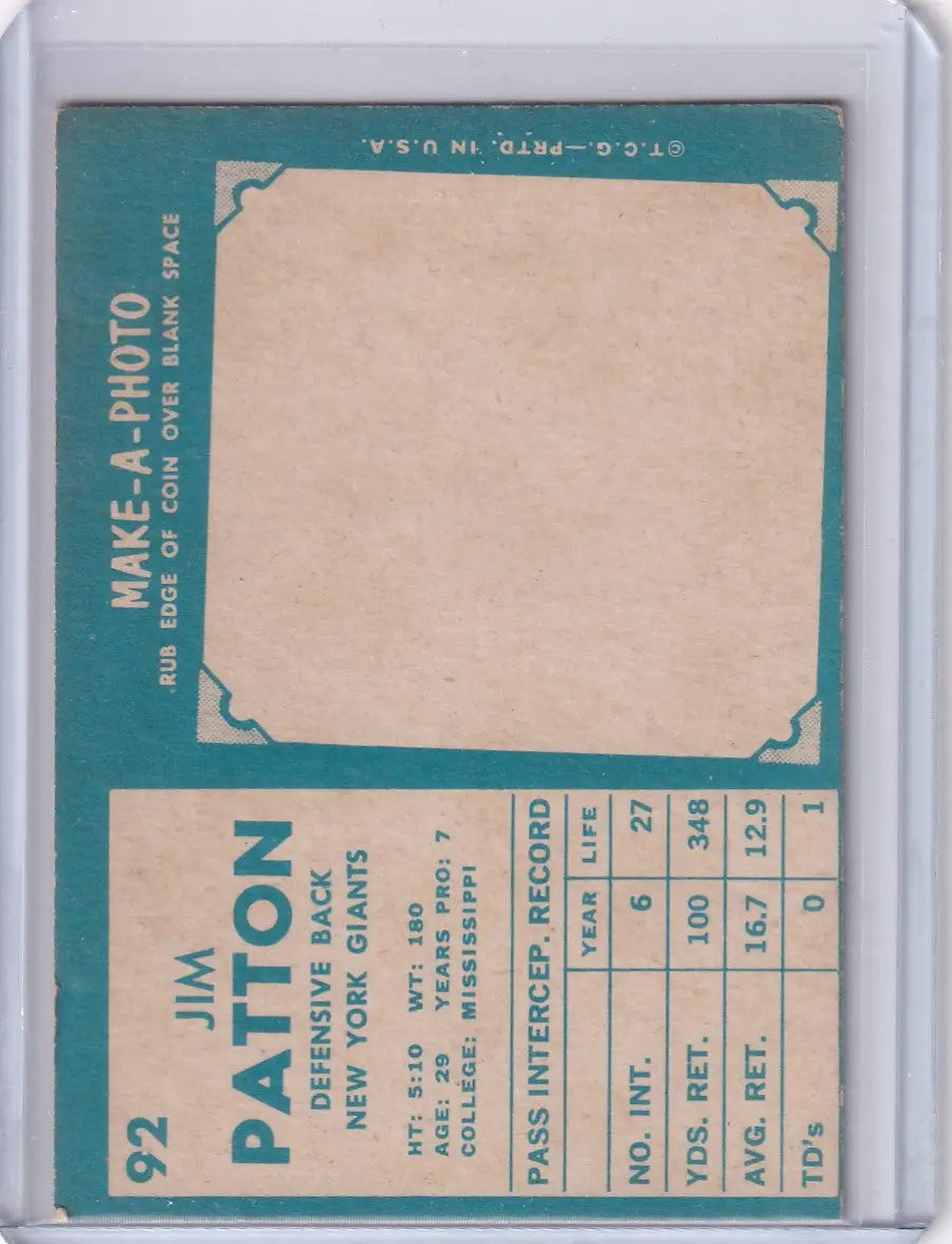 Vintage 1961 Topps Football card featuring Jim Patton of the New York Giants