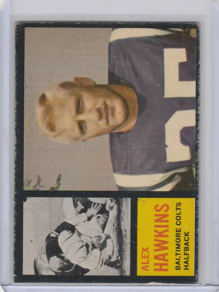 Vintage 1962 Topps Alex Hawkins Baltimore Colts trading card in dark jersey
