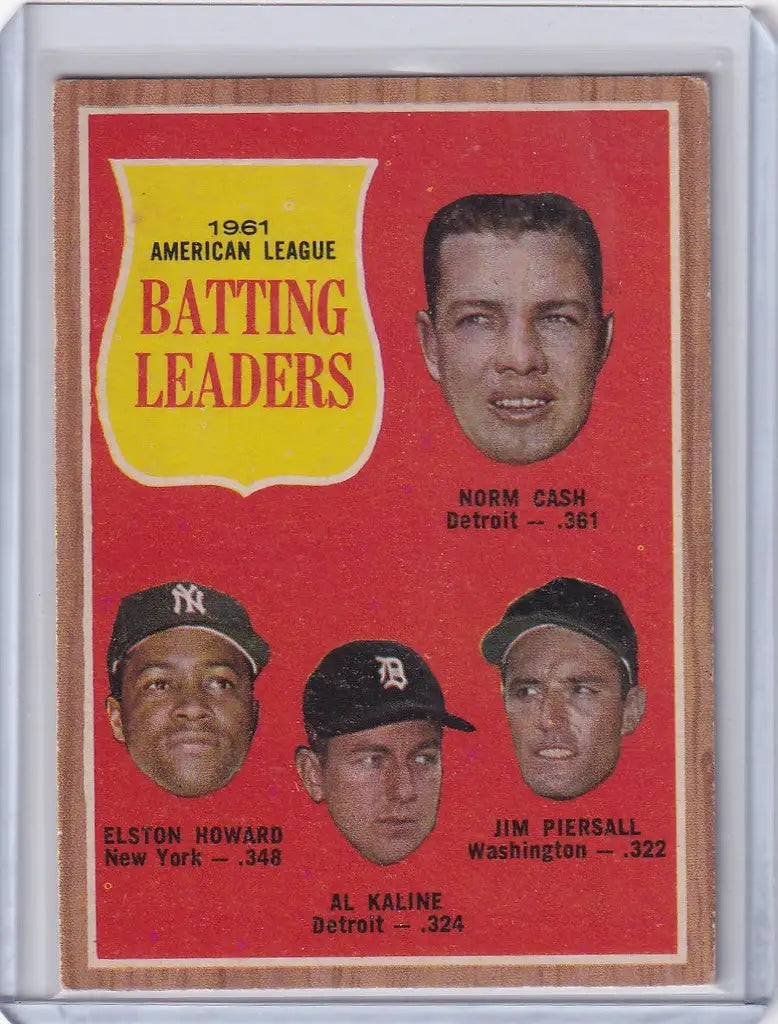 Vintage baseball card showcasing Cash, Howard, Kaline, and Piersall as AL batting leaders