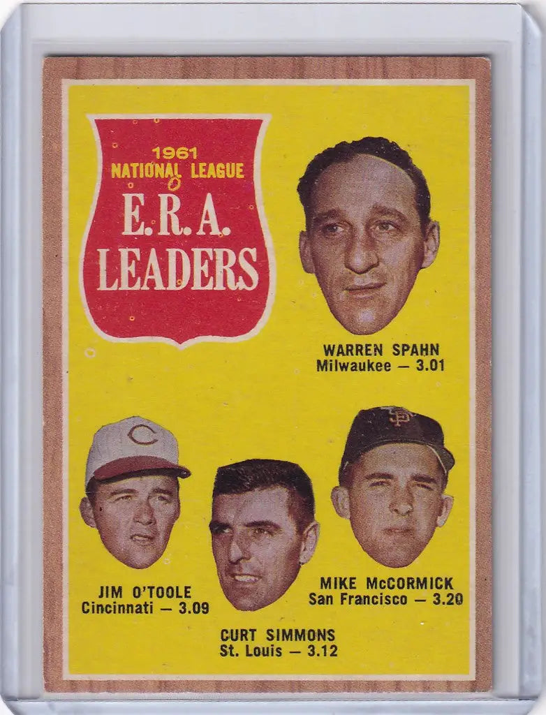 Vintage 1962 Topps baseball card of ERA leaders Spahn, O’Toole, Simmons, McCormick